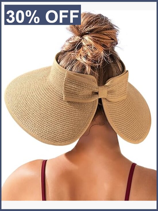 UPF 80+ Sun Visor Straw Hat for Women, Packable Beach Hat with Ponytail Hole
